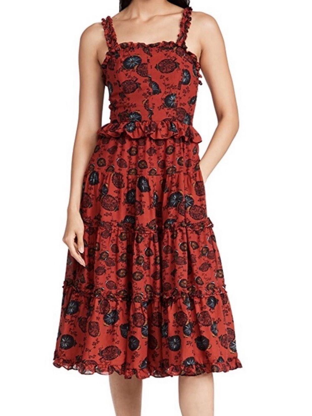 Ulla Johnson Adyna Midi Dress in Red Poppy Floral Ruffled